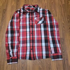 Lost Men’s XL Red Black White Plaid Button-Up Shirt 90s Skater Style E29